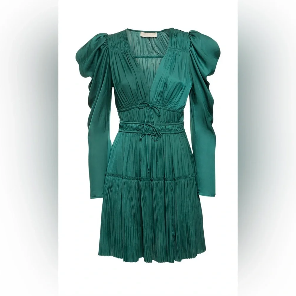 ULLA JOHNSON Lu Bow-Detailed Pleated Satin Mini Dress in Green sz US 0 NWT 590$ - Picture 6 of 14